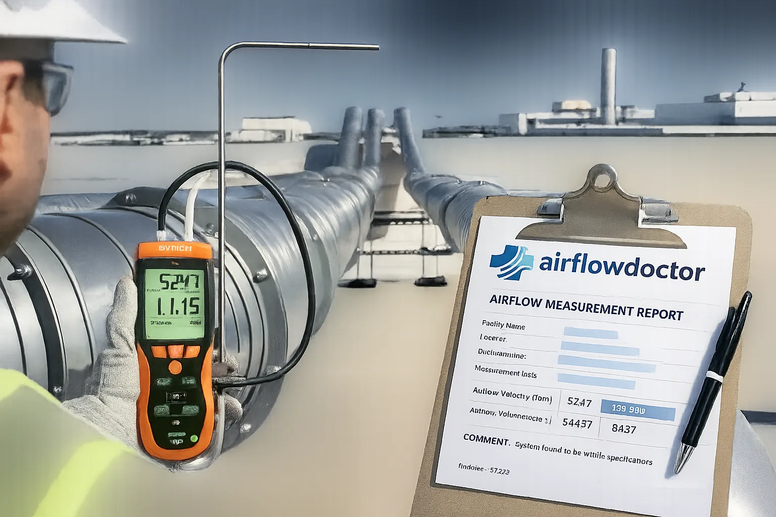 Industrial rooftop airflow measurement using a pitot tube and digital manometer